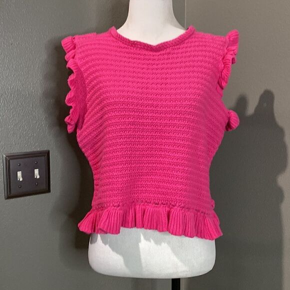 Marc New York Hot Pink Cropped Knit Ruffle Sleeve Blouse - Picture 4 of 11